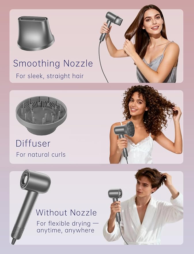 High-Speed Hair Dryer 150000 RPM Brushless Motor Blow Dryer with Ionic Technology Fast Drying Lightweight Low Noise Hair Dryer 4 Heat Modes 2 Speeds Diffuser &amp Wall Mount Gray