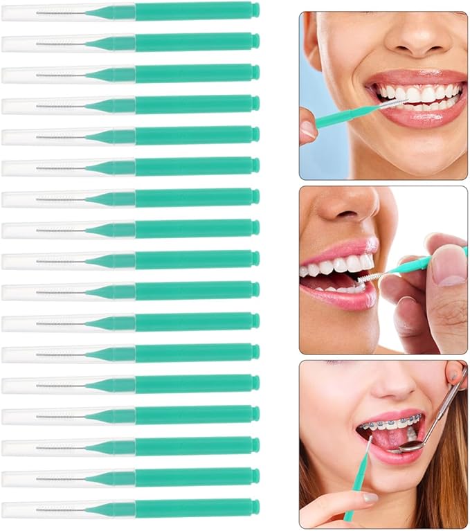 200pcs Green Interdental Brushes for Teeth Cleaning Plastic Gum Toothpick Brush Set with Angled Floss Sticks Portable Oral Cleaner for Travel and Orthodontic Use