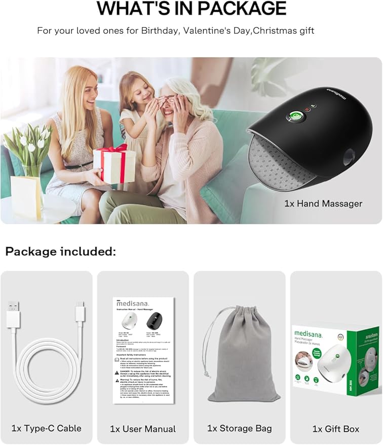 Medisana Hand Massager with Heat and Compression Cordless Hand Massager for Arthritis and Carpal Tunnel Relief Knuckle Stretching Massage Birthday Christmas Gifts for Men Women Dad Mom-Black
