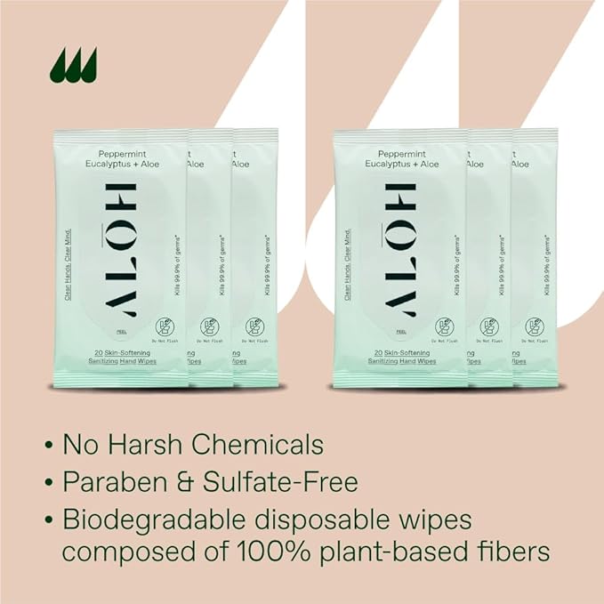 ALŌH Peppermint Eucalyptus Sanitizing Hand Wipes - Clean Hands Clear Mind On The Go Sanitizer for Kids and Adults - Travel Size 6 packs of 20ct Wipe (120 Wipes)