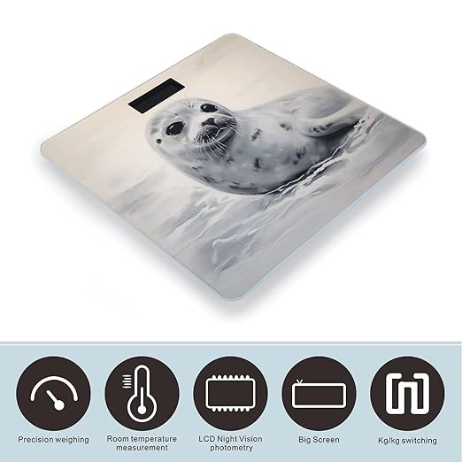 Harp Seal Painting Weight Scale Large Bathroom Scales Digital Weight with Bright LED Display Non Slip Automatic Weighing Scale Fashion Weighing Machine for Body