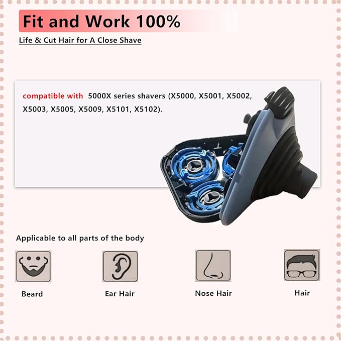 Replacement Heads Compatible with Philips Norelco 5000X Series Shavers for Norelco 5000x Replacement Heads Fits Models X5000X5001X5009 X5101 X5102X5002X5003X5005