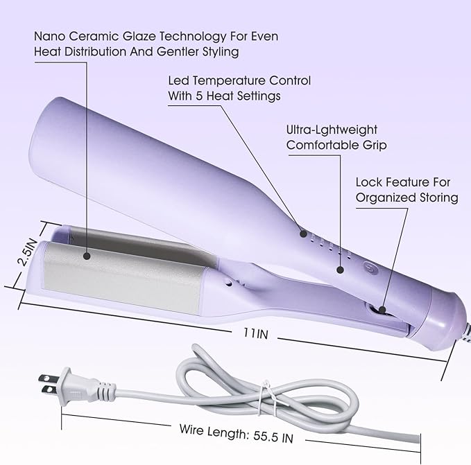 Beach Waves Curling Iron 1.4 Inch Double Barrel Waver Ceramic Wave Iron for Hair Crimper for Women Anti-Scald Dual Voltage Wavy Iron Deep Waver Hair Tool Purple