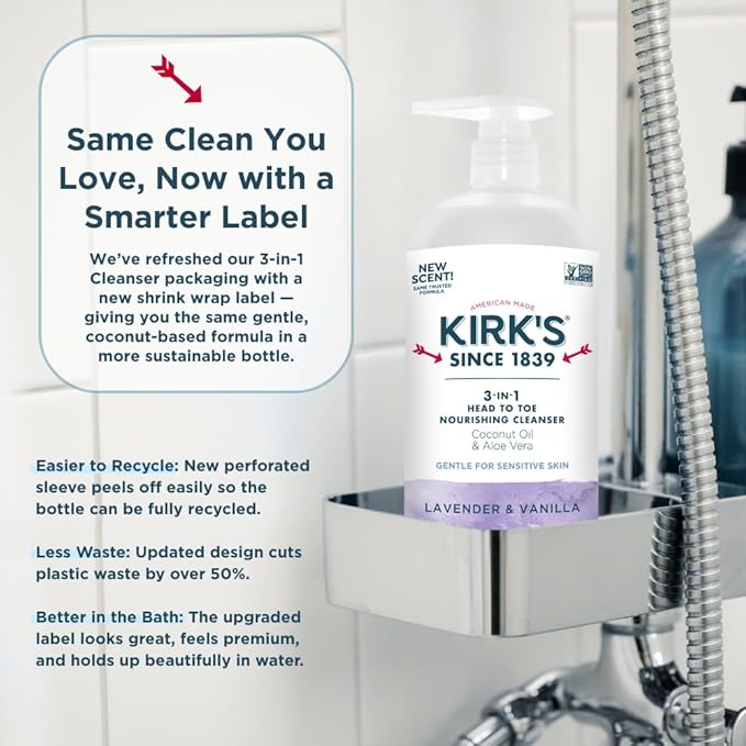 Kirk's 3-in-1 Head to Toe Nourishing Liquid Cleanser- for Men Women &amp Children - Premium Coconut Oil &amp Aloe Vera- Non GMO &amp Vegan - Lavender and Vanilla - 32 Fl Oz. - 2 Pack