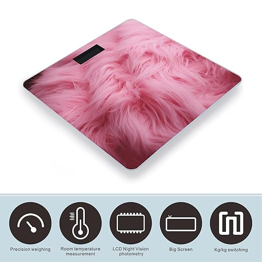Pink Velvet Furry Textured Pattern Scale for Body Weight Precision Bathroom Weighing Scales with Back Lit LCD Display Sturdy Tempered Glass Body Weight Scales Digital Bathroom Scale 400lb
