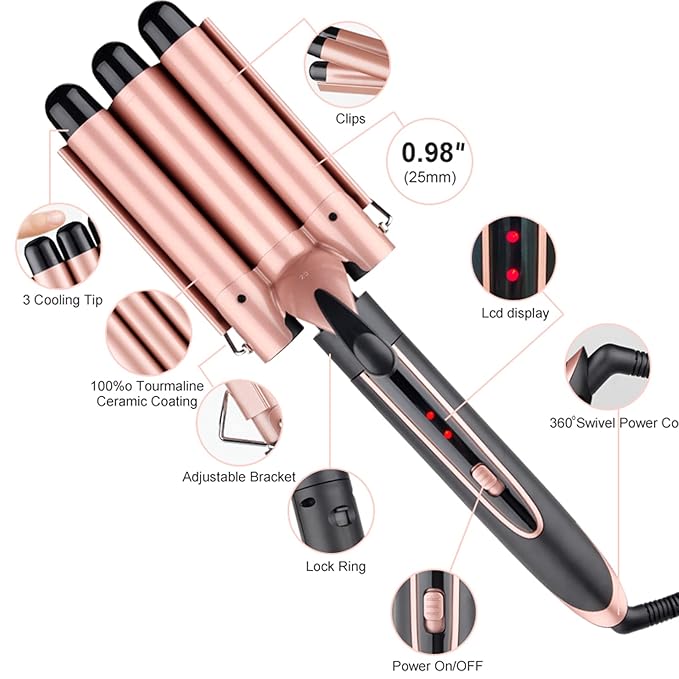 ABUNRO 3 Barrel Hair Waver Curling Iron Wand 25mm 1 Inch Ceramic Triple Curling Tongs Hair Wavers with 2 Temperature Control for Women/Girl Long or Short Hair Styling