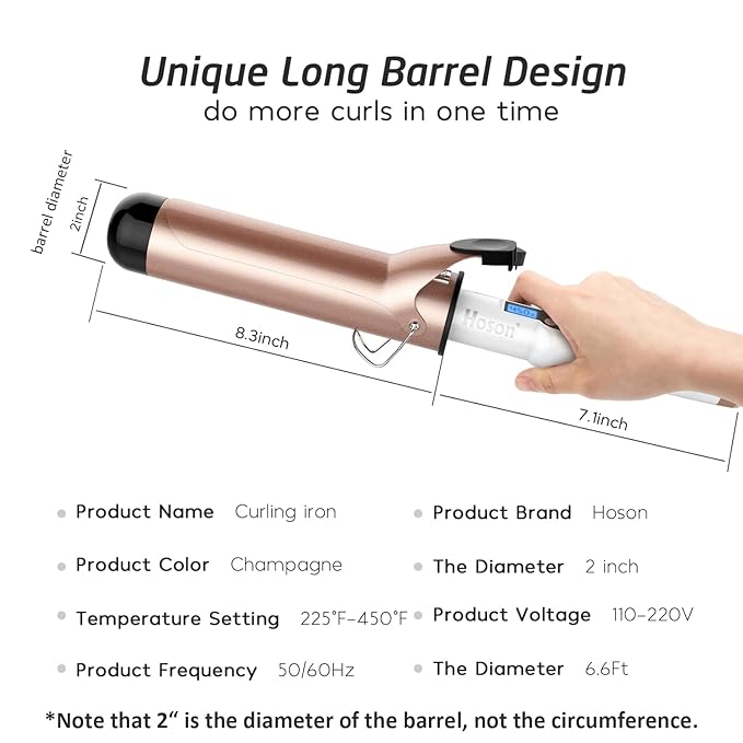 Hoson 2 Inch Curling Iron Large Barrel Long Barrel Curling Wand Dual Voltage Ceramic Tourmaline Coating with LCD Display Glove Include