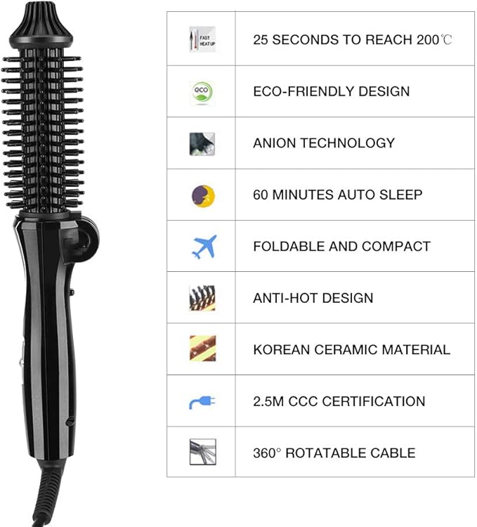 Curling Iron Foldable Ceramic Tourmaline Anion Hair Brush Curling Iron Hair Styling Tools with Anti Scald Handle for All Hair Types (US Plug 110‑240V)