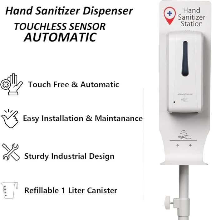 Standing Automatic Sanitizer Dispenser Movable Sanitizer Station with Height Adjustable Metal Stand and Refillable Canister Anti-Theft Design
