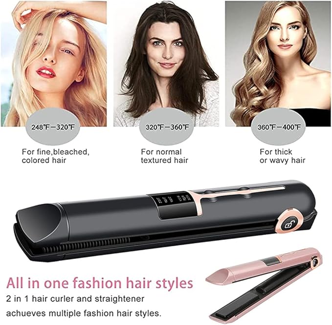 Dioche 2 in 1 Curling Iron and Straightener USB Wireless Hair Straightener and Curler with Floating 3D Heating Panel 3 Adjustable Temperatures LED Display (Pink)