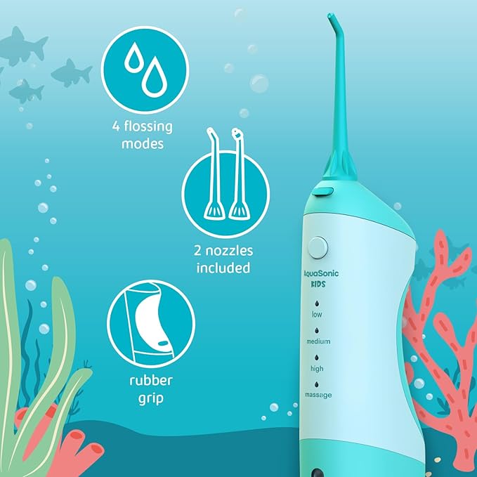 AquaSonic Kids' Water Flosser for Ages 6+ | Standard Nozzle Orthodontic Nozzle &amp Waterproof Stickers | 4 Flossing Modes | Aquarium Adventures Theme (Blue)