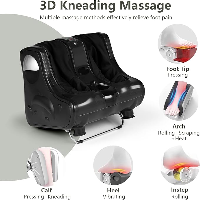 RELAX4LIFE Foot and Calf Massager Shiatsu Foot Massager Machine w/Heating Kneading Vibration Rolling Adjustable Speed &amp Tilt Base Leg Massager for Pain Relief (Black)