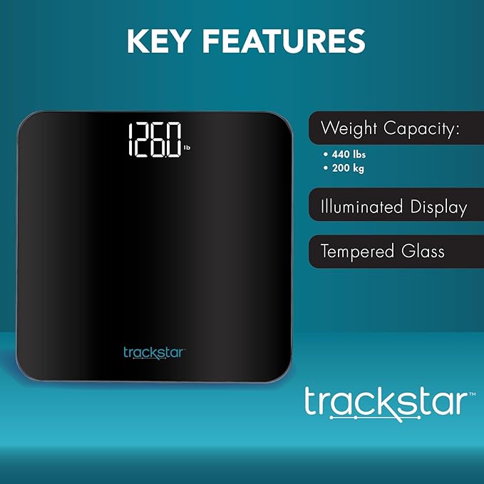 trackstar Black Digital Weight Scale | 440 lb Weight Capacity | trackstar Monitoring App | Bluetooth iOS &amp Android Compatible | Measure Track and Share Results