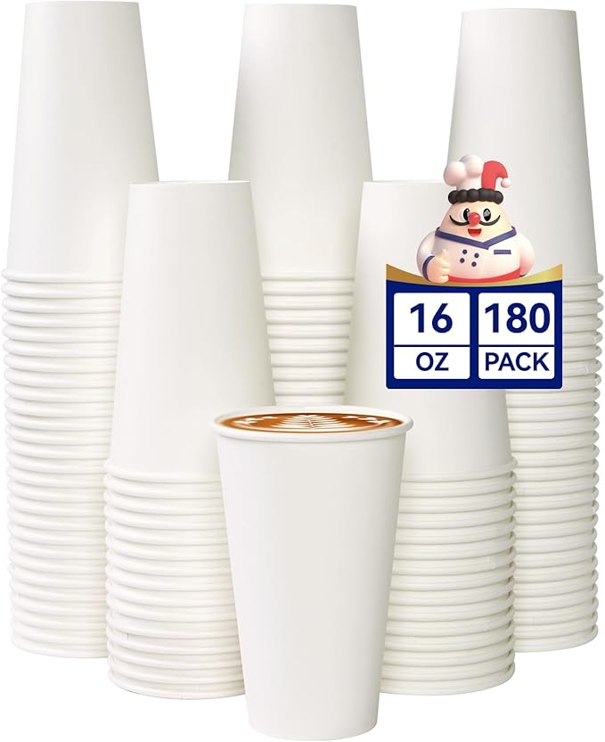 JOLLY CHEF 180 Count 16 oz Coffee Cups White Drinking Paper Cups for Coffee Water Juice or Tea Suitable for Party Picnic Travel and Events