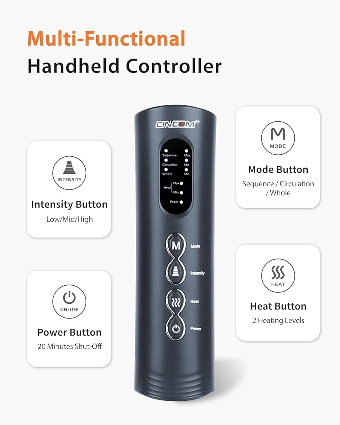 CINCOM Leg Massager with Heat and Compression Legs Massage for Circulation and Pain Relief Heating Calf Leg Air Compression Massager Help with Relief Edema
