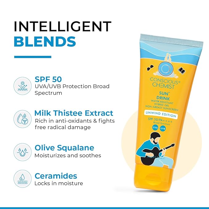 Conscious Chemist® Sun Drink Hybrid SPF 50 PA++++ Sunscreen Unwind Edition | Water Resistant  Ceramides &amp Milk Thistle Extract | UVA/UVB Protection | All Skin Type | No White Cast | Cruelty Free