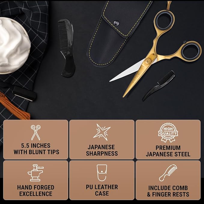 Ontaki Beard &amp Mustache Scissors for Men - 5.5 Japanese Steel Gold Brass - Sharp Blades Ergonomic Finger Rest &amp Adjustable Tension Screw for Perfect Hair Trimming - Beard Scissors