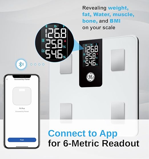 GE Smart Scale for Body Weight BMI Fat Muscle Mass with 14 Body Composition Metrics &amp All-in-one LCD Display Digital Bathroom Weight Monitor Bluetooth with App Accurate Weighing Machine 400lb Wh