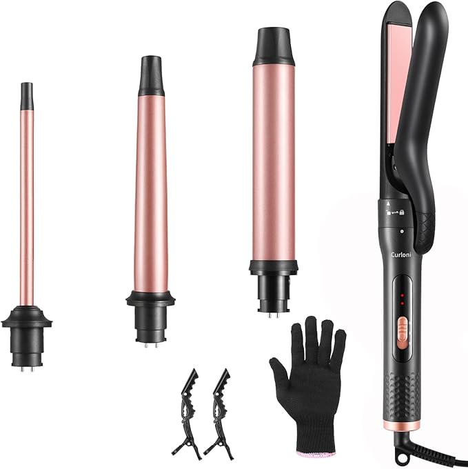 4 in 1 Curling Iron with Interchangeable Ceramic Barrels (0.35-1.5) Curling Wand Set with Flat Iron Hair Straightener Dual Voltage Hair Curler 2 Temps Fast Heat Hair Waver Curler