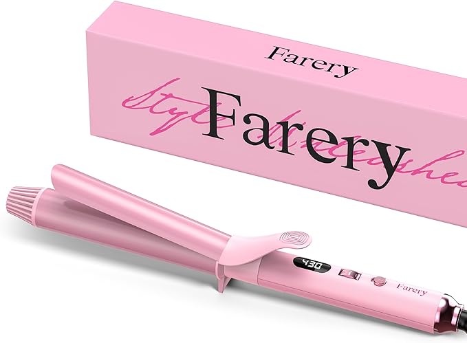 FARERY Long Barrel Curling Iron 1 1/4 inch 1.25 Inch Curling Iron for Thin Hair Infused Argan Oil &amp Keratin 11 Adjustable Temp Include Clips &amp Silicone Pad Pink