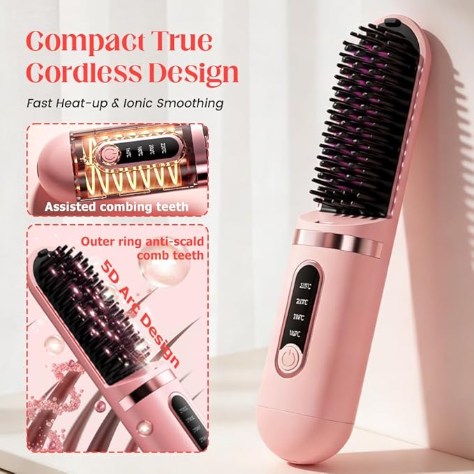 Cordless Hair Straightener Brush - Portable Hair Brush Straightener Cordless for Travel - 300 Million Negative Ions for Frizz-Free Shine Touch Up On-The-GoType-C RechargeableFast Heating (Pink)