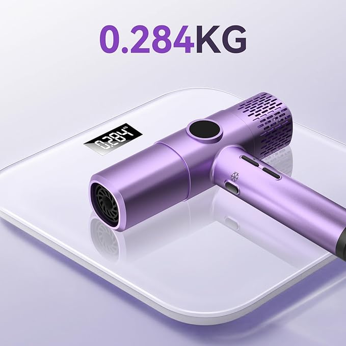 Ionic Blow Dryer with Diffuser | 1400W Fast-Drying Hair Dryer with LED Display &amp Adjustable Heat Control | Quiet Lightweight Design for Travel and Home Salon (Purple)
