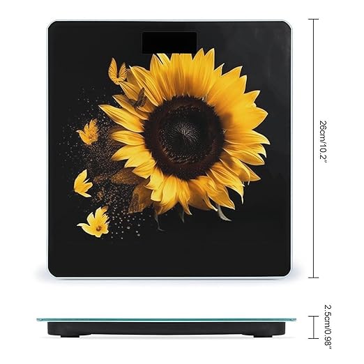 Sunflower on Black Background Scale for Body Weight Anti-Slip Digital Bathroom Scale Sturdy Toughened Glass Weighing Scales High Precision Safe Rounded Corners Smart Scales