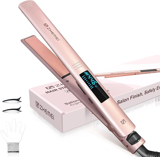 Hair Straightener 1 Inch Flat Iron Hair Straightener with LED Display Professional PTC Ceramic Negative Ion Hair Iron Dual Voltage for Women Hair Heats up to 446°F 6 Temps (Rosegold)