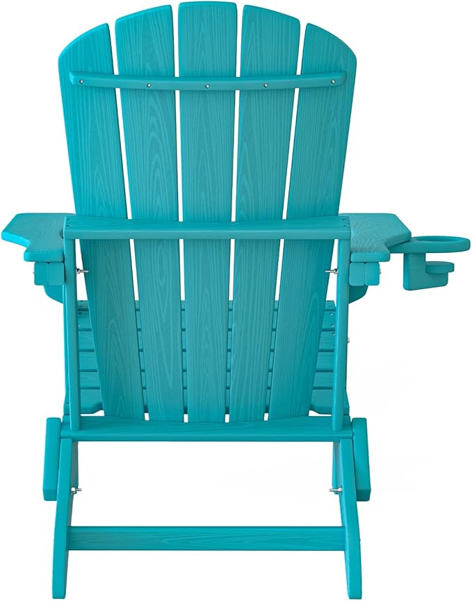 Plawdlik Folding Adirondack Chair Set of 6 with Cup HolderWooden Textured Heavy All-Weather HDPE Comfortable Set Poolside Backyard Lawn Aruba Blue