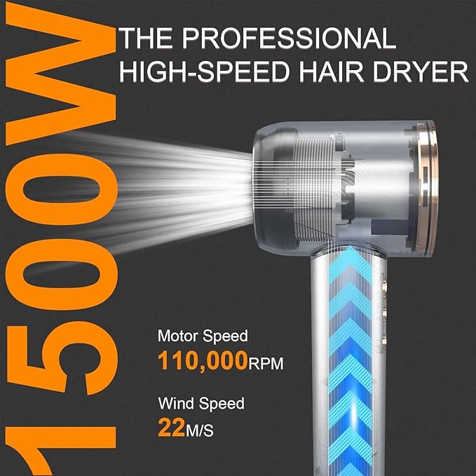 Hair Dryer - 110000 RPM High-Speed Brushless Motor Negative Ionic Blow Dryer for Fast Drying Low Noise Thermo-Control Hair Dryer with Magnetic Nozzle Silvery