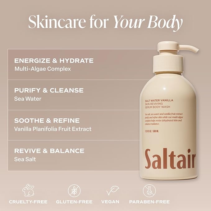 Saltair Body Wash 2-Pack – Salt Water Vanilla – Moisturizing Body Wash with Multi-Algae Complex – Scented Shower Gel for Women and Men – 2x 17oz – Vegan Cruelty-Free Paraben-Free