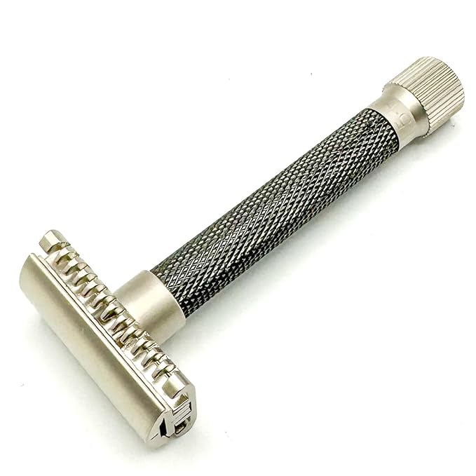 Parker THE VARIANT OPEN COMB - ADJUSTABLE Double Edge Safety Razor Customize your Shave with a Turn of the Dial from Mild to Aggressive - 5 Blades Included (Graphite Gray)