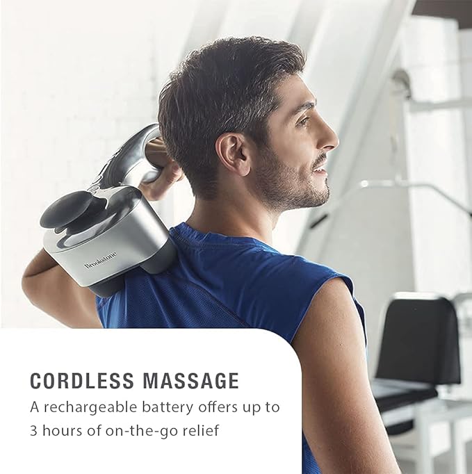 Brookstone B-HHP-650J Cordless Neck Back Percussion Massager Deep Kneading Dual-Node Portable Light-Weight Rechargeable Brookstone Max 2 Silver ()