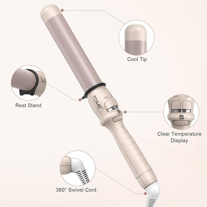TOME 1.25 Inch (32mm) Large Barrel Curling Wand Hair Curler Ceramic Curling Iron with 7 Heat Settings Dial 180–410°F PTC Fast Heat Dual Voltage 110–240V Auto Shut-Off Cool Tip Glove Included