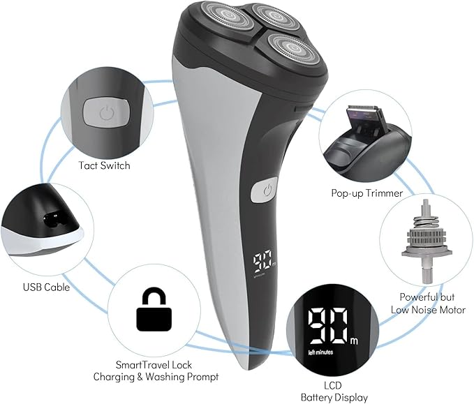 JYYBN Electric Shavers for Men Rechargeable Electric Razor with Pop-up Beard Trimmer Travel Lock LCD Display Wet &amp Dry Use USB Charger Cordless Mens Electric Shaver
