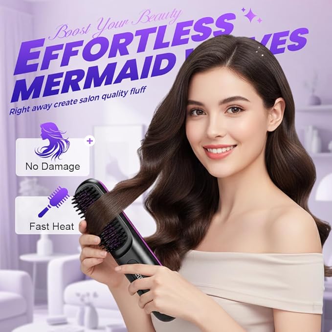 2026 Upgrade Cordless Hair Styling Brush Multi Functional Hair Straightener Brush Max with LED Display Ceramic Hot Comb for Travel Heated Ionic Straightening Combs for Women (White) (Purple)