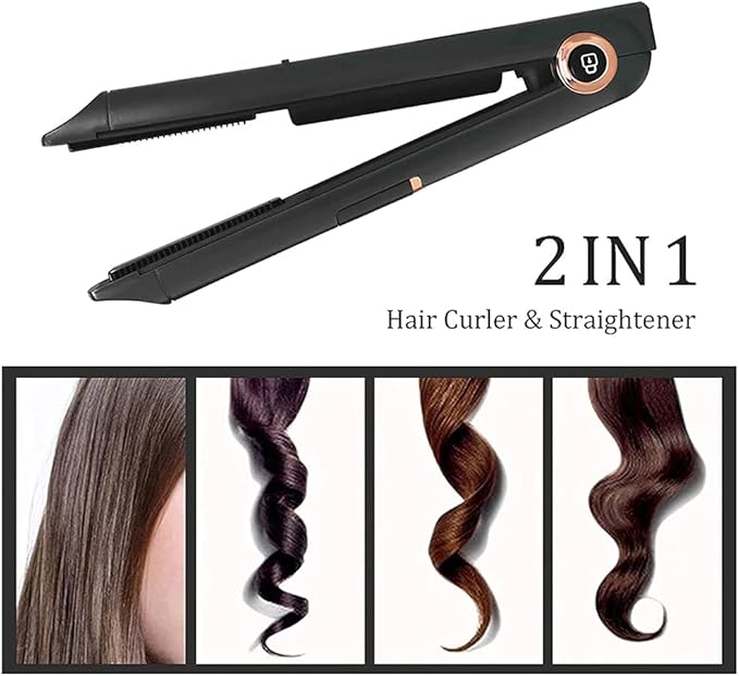 Dioche 2 in 1 Curling Iron and Straightener USB Wireless Hair Straightener and Curler with Floating 3D Heating Panel 3 Adjustable Temperatures LED Display (Pink)