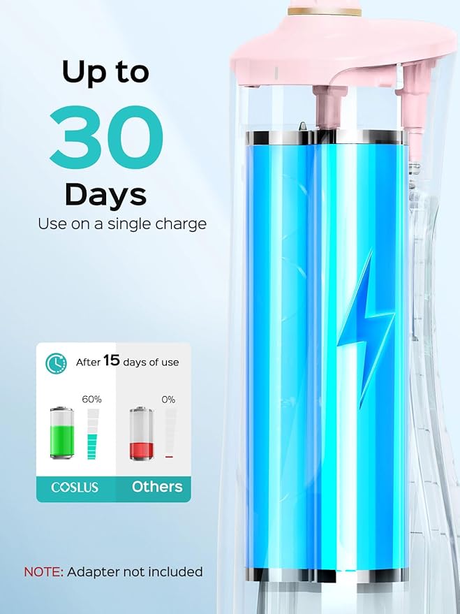 COSLUS E40 Portable Water Flosser for Teeth: 10 Pressure Settings Professional Water Dental Pick for Orthodontic Braces &amp Sensitive Gums - Cordless for Travel Use for Adults Teens BPA-Free