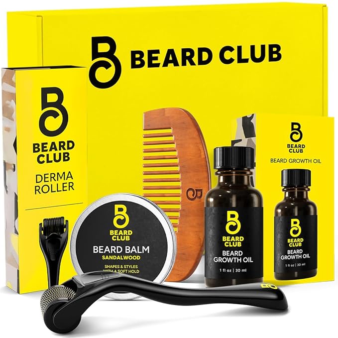 The Beard Club Beard Growth Kit - Derma Roller Beard Growth Oil Sandalwood Balm Comb - Gift Set