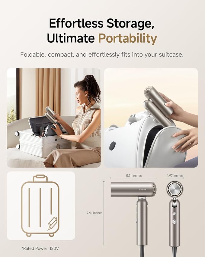 DREAME Pocket Pure High-Speed Hair Dryer Lightweight Foldable Blow Dryer with 110000 RPM Motor Ionic Care 5 Modes Travel Bag Quiet Fast Drying for Frizz-Free Hair