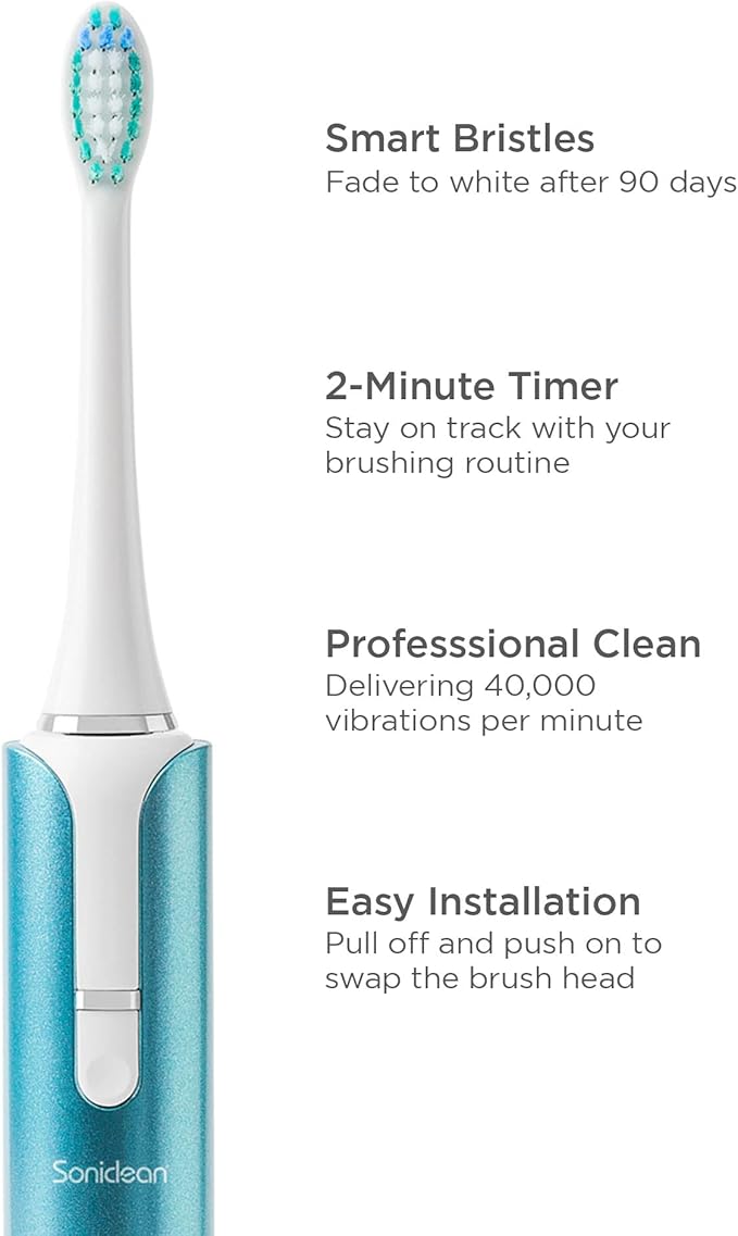 Soniclean Lux Sonic Toothbrush for Adults - 6 Toothbrush Heads Rechargeable Automatic Refills Aqua