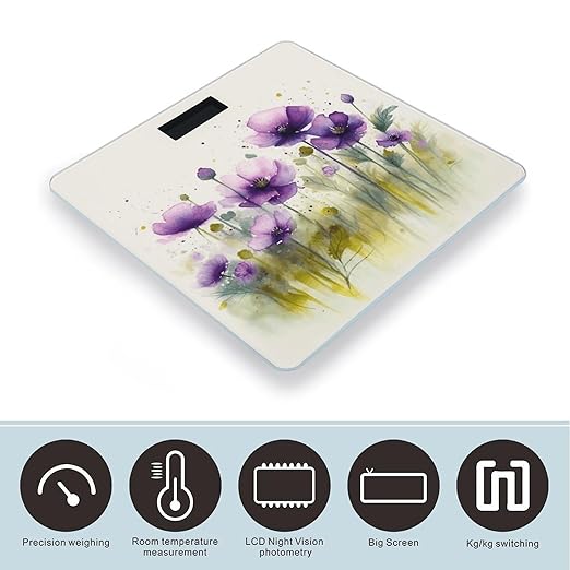 Watercolor Purple Flowers Digital Bathroom Scale for Body Weight with High Precision Digital Weighing Scale with BMI Clear LCD Display and Step-On Measures Weight Up to 180kg