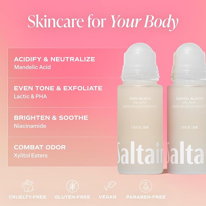 Saltair Serum Deodorant and Body Oil Bundle – Aluminum-Free AHA Deodorant 2 Pack (2 x 1.7oz) and Hydrating Pink Beach Body Oil (4oz) – Skincare Essentials for Daily Use