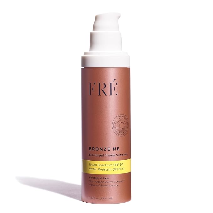 FRÉ Bronze Me SPF 50 – Tinted Mineral Sunscreen for Face &amp Body Instant Shimmery Tan Multitasking Self-Tanner &amp Skincare Reef-Safe Vegan