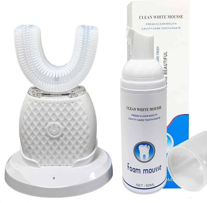 Ultrasonic Automatic Toothbrush for Adults U-Shaped 360° Electric Toothbrush for Teeth Whitening Rechargeable Ultrasonic Tooth Brush for Travel Home Dual-use (White)