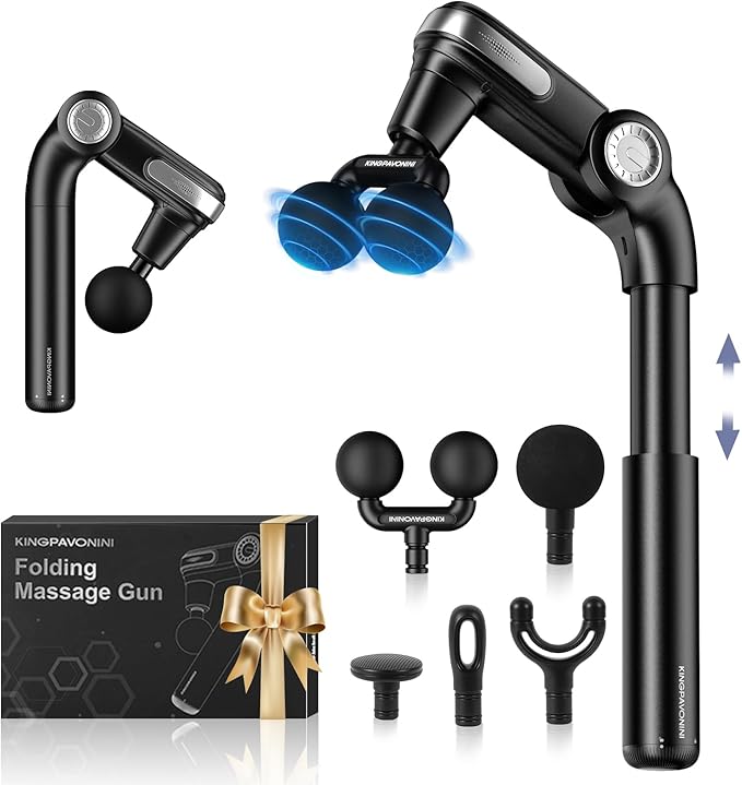 KingPavonini Foldable Massage Gun with Dual-Ball Head Adjustable Head &amp Extendable Handle Handheld Back Massage Gun Deep Tissue for Pain Relief Portable Percussion Massager Gun Gift for Men Wo