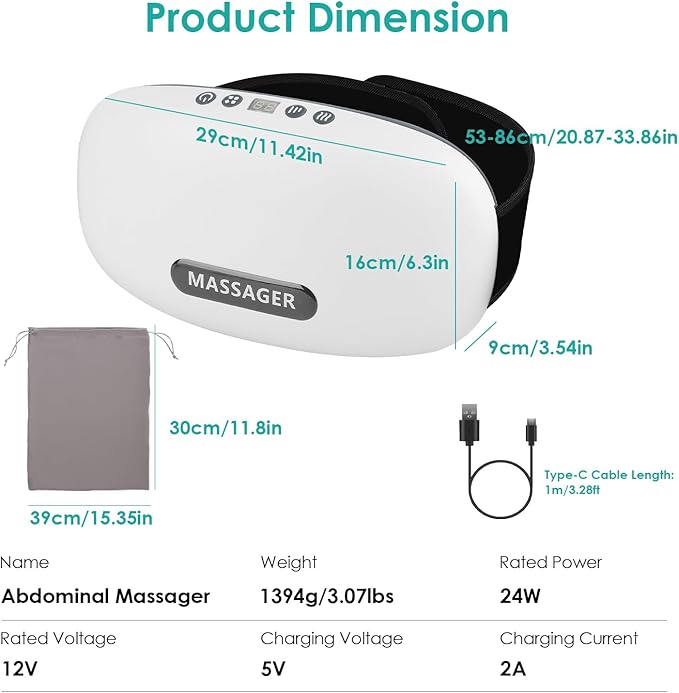 Stone Abdominal Massager - Dual Rotating Heads with 6 Red Lights 5 Modes 3 Speeds 3 Heat Settings 2500mAh Rechargeable Adjustable Belt for Menstrual/Bloating Relief