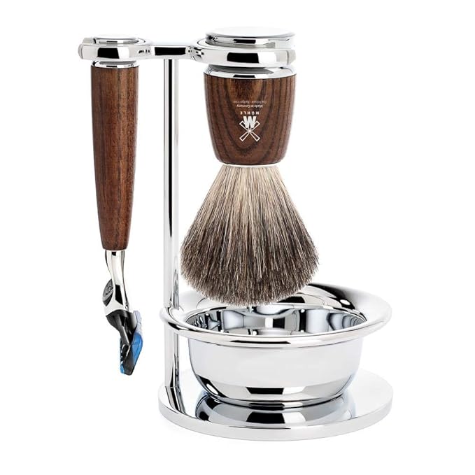 MÜHLE RYTMO Steamed Ash 4-piece Pure Badger 5-Blade Razor Modern Luxury Wet Shaving Set - Perfect for Every Day Use Barbershop Quality Close Smooth Shave