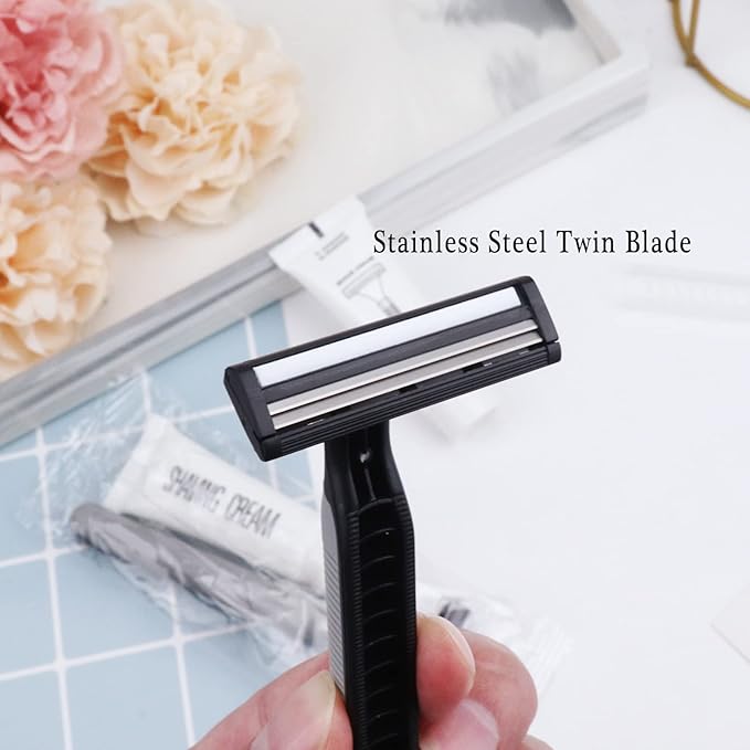 Disposable Razors in Bulk Pack of 120Black Bulk Razors Disposable Individually Wrapped Twin Blade Disposable Shaving Razors with Shaving Cream and Clear Cap Set for HomelessHotelCharityTravel