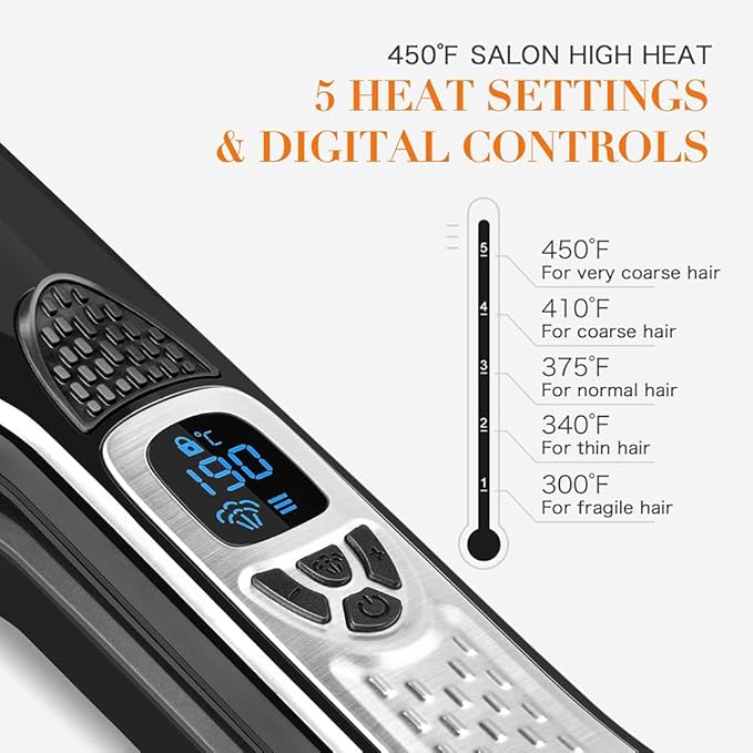 Professional Personalized Steam Hair Straightener Comb Fast Electric Steam Hair Straightener Brush with Removable Comb+Digital LCD+5 Level Adjustable Temperature+Auto Temperature Lock (Black)